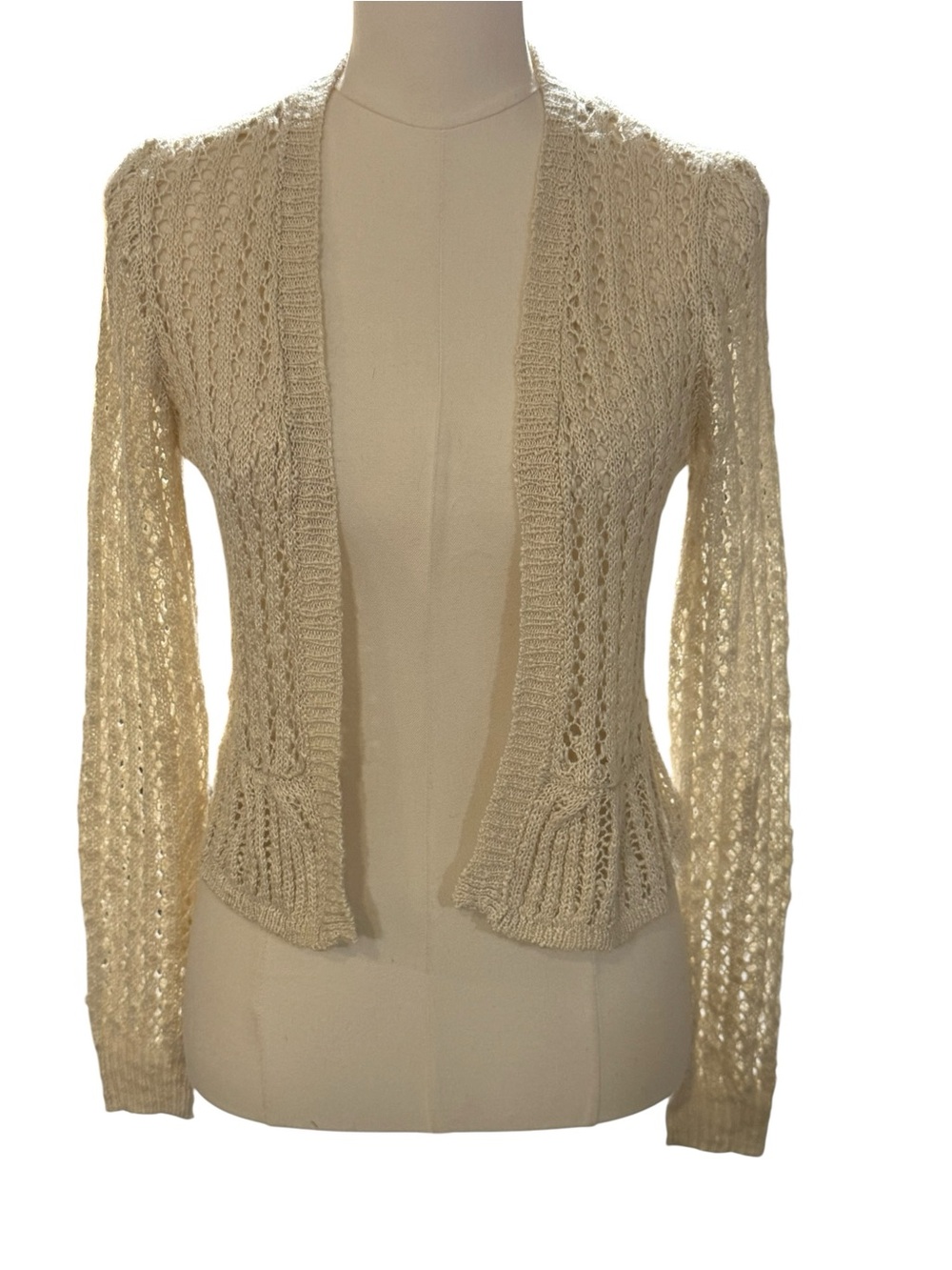 LC Lauren Conrad Open Knit Cardigan XS Cream Ivory Crochet Boho Layer